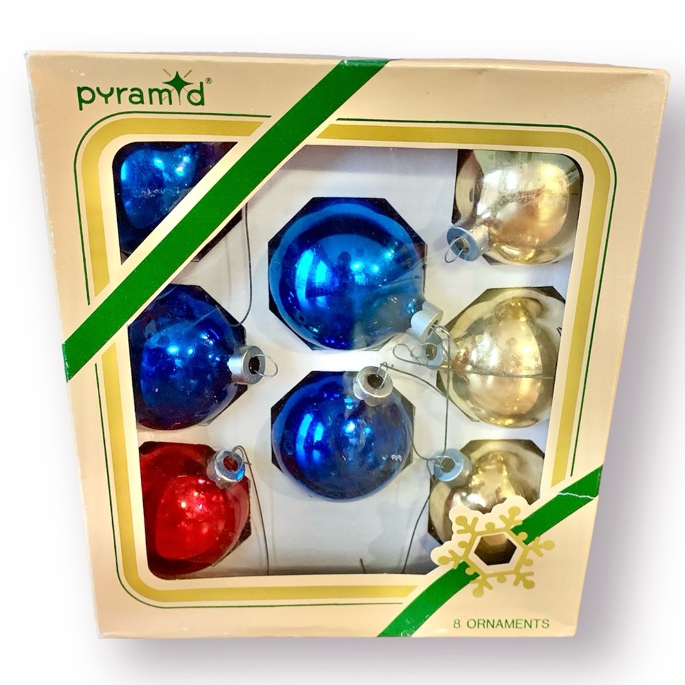 Vintage Pyramid Glass Multicolored Balls Christmas Ornaments Set of 8